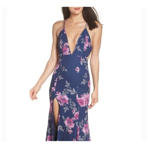 Fame and Partners NWT $279 Blue Pink Floral Gown Maxi Dress Plunging V-Neck 2 - Picture 5 of 14